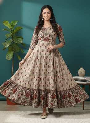 Sa Rasa Women Printed Anarkali Kurta(Brown)