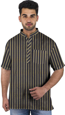 RA Collection Men Striped Straight Kurta(Black)