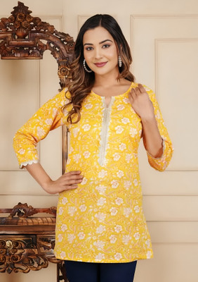 HITESH CREATION Women Floral Print A-line Kurta(Yellow)