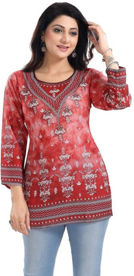 Anmi Rustic Rust Faux Crepe Printed Short Kurti Tunic Top Printed Women Straight Kurta(Red)