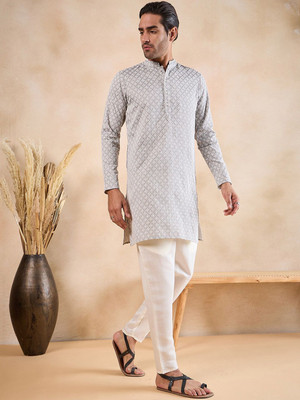 ANOUK Men Floral Print Straight Kurta(Grey)