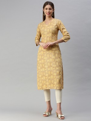 Hritika Women Printed Straight Kurta(Yellow, Brown)