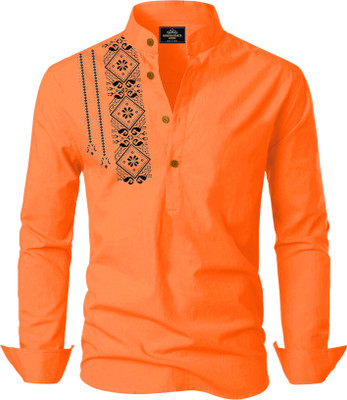Kavyangle Creation Men Printed Straight Kurta(Orange)