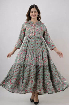 AarviFab Women Floral Print Anarkali Kurta(Grey)