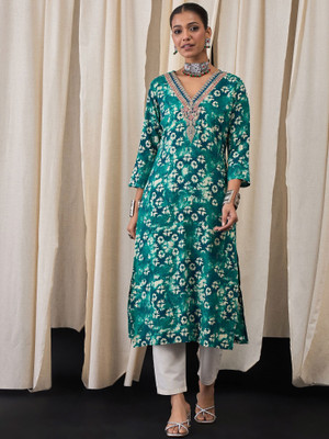 ANOUK Women Embroidered Straight Kurta(Green)