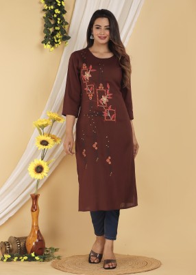 Mehsoos Women Embroidered Straight Kurta(Brown)