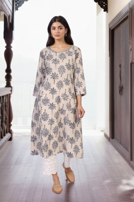 Folksong Women Printed A-line Kurta(Beige)