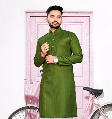 Tezys Men Striped, Self Design Straight Kurta(Dark Green)
