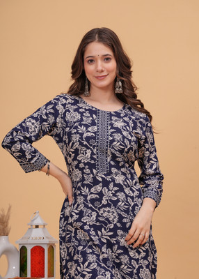 Dk Fab Women Printed Straight Kurta(Blue)