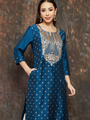 Melange by Lifestyle Women Embroidered Straight Kurta(Blue)