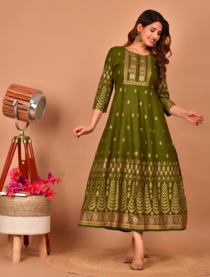 Jollity Women Printed Anarkali Kurta(Green)