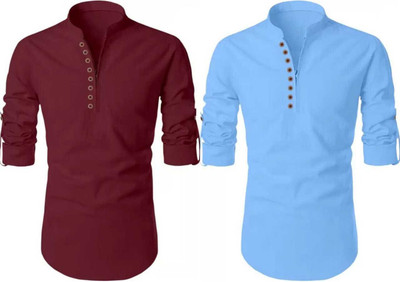 GUYS HUB Men Solid Straight Kurta(Red, Blue)