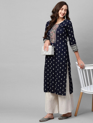 Demirner Women Printed Straight Kurta(Blue)