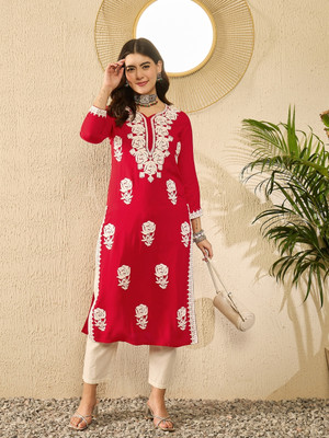 AHIKA Women Embroidered Straight Kurta(Red)