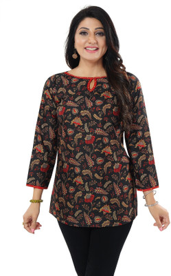 Anmi Print Perfect Short Length Silk Print Kurti for Modern Woman Printed Women Straight Kurta(Black)