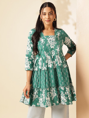 VBUYZ Women Printed Flared Kurta(Green)