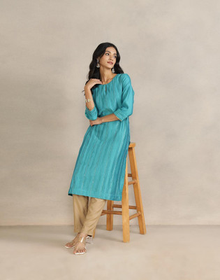 Fabindia Women Embellished, Self Design Straight Kurta(Blue)