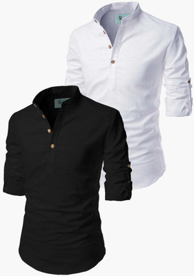 HOC's Men Solid Straight Kurta(White, Black)