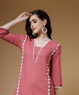 indibelle Women Embroidered Straight Kurta(Pink)