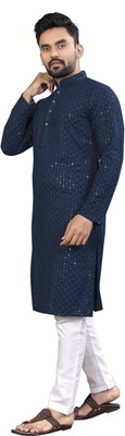 JENJEE Men Embroidered A-line Kurta(Blue)