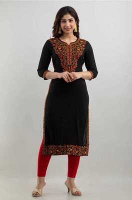 GODWEEN Women Embroidered Straight Kurta(Black)
