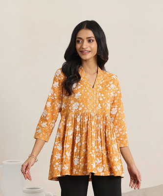 LIBAS Women Floral Print Anarkali Kurta(Yellow)