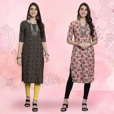 EthnicBasket Women Printed Straight Kurta(Red, Black)
