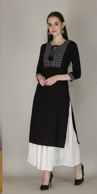 chhaya fashion Women Embroidered Straight Kurta(Black, White)