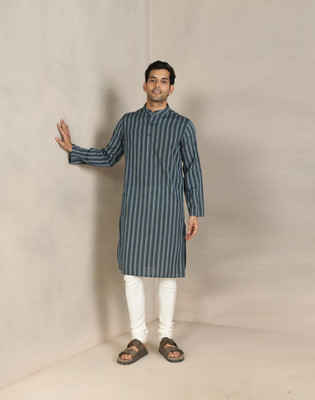 Fabindia Men Woven Design Straight Kurta(Blue)