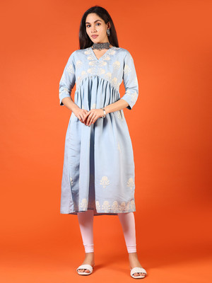 V-MART Women Self Design A-line Kurta(Blue)