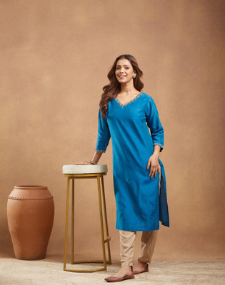 Fabindia Women Embroidered Straight Kurta(Blue)
