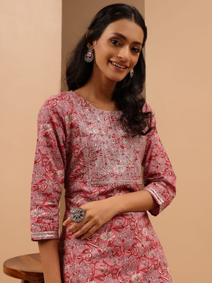 Janasya Women Floral Print Straight Kurta(Pink)