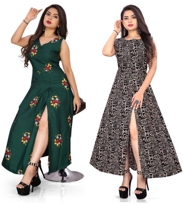 Hiral Creation Women Printed, Floral Print Frontslit Kurta(Green)