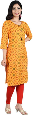 Lihimisu Women Printed Straight Kurta(Yellow)