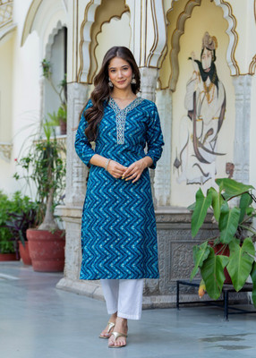 Preetshri Women Printed Straight Kurta(Blue)