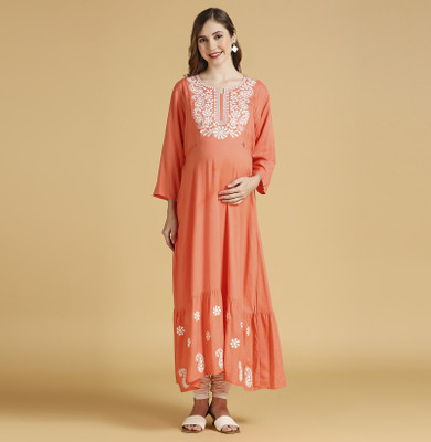 MomToBe Women Embroidered Anarkali Kurta(Orange)