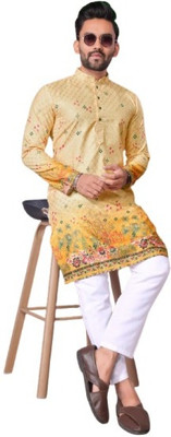 madhavwears Men Printed A-line Kurta(Yellow)