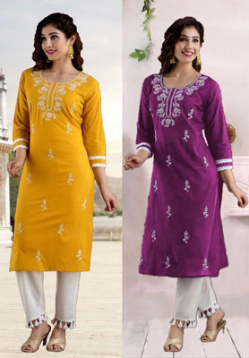SISTO Women Chikan Embroidery A-line Kurta(Purple, Yellow)