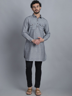 Enchanted Drapes Men Solid Pathani Kurta(Grey)