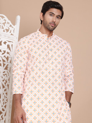 Jompers Men Printed Straight Kurta(Orange)