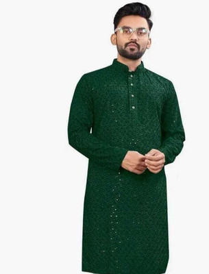 Vriha Enterprise Men Self Design Straight Kurta(Green)