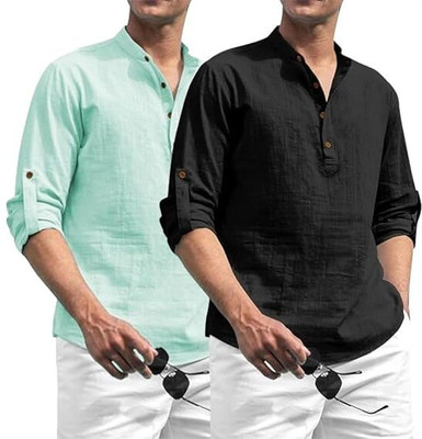 Amrit Trending Men Solid Straight Kurta(Light Blue, Black)
