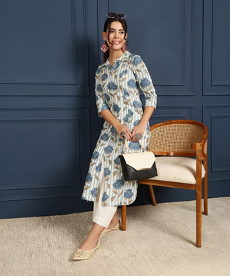 Gulmohar Jaipur Women Printed Straight Kurta(Blue)