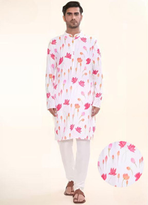 Svatantra Men Printed Straight Kurta(Pink)