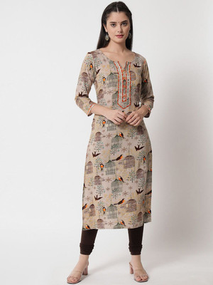 ANOUK Women Printed Straight Kurta(Beige)