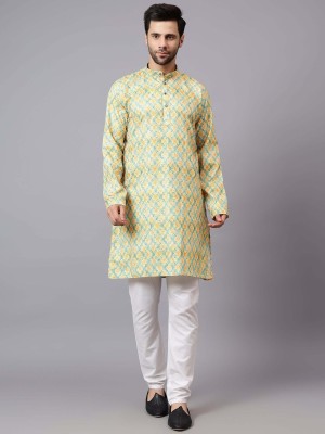 FireFish Men Self Design A-line Kurta(Yellow)