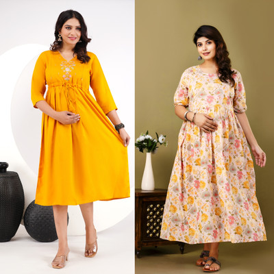 Khoj Bagda Women Printed Anarkali Kurta(Yellow)