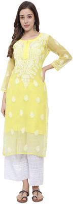 Ekkambar Women Chikan Embroidery Straight Kurta(Yellow)
