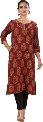 Crazy Needle Women Printed Straight Kurta(Maroon)