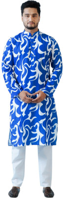 Fabriq Men Polka Print Straight Kurta(Blue)